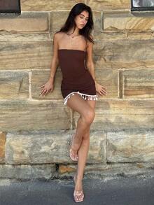 AmyJordy Textured Fabric Sexy Backless Halter Splicing Tassel Decor Bodycon Mini Dress Party - Brown - View 5