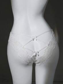 Seduluxe Women's Solid Color Bow Decor Sheer Lace Patchwork Thong Panties - White - View 6