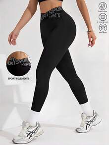Easithlete Easithlete Letter Printed High Waist Elastic Yoga Pants With Butt Lift For Fitness - Black - View 8