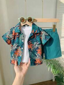 SHEIN Playful Pals 男婴休闲热带植物印花短袖衬衫短裤套装，夏季 - 水鴨藍 - 查看 1