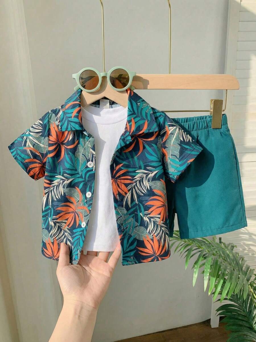 SHEIN Playful Pals 男婴休闲热带植物印花短袖衬衫短裤套装，夏季 - 水鴨藍 - 查看 1