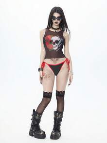 ROMWE Goth 女士休闲度假沙滩派对优雅骷髅印花比基尼罩衫三件套泳装，新款夏季狂欢内衣哥特式比基尼朋克比基尼角色扮演服装，女士上衣哥特骷髅上衣海盗上衣女士骷髅泳衣海盗泳装哥特泳衣女士骷髅比基尼尊巴上衣女士骷髅服装 - 彩色 - 查看 3