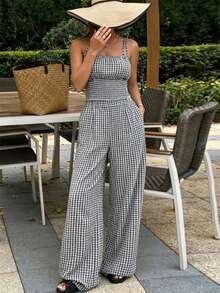 SHEIN PariChic Bộ 2 món áo kiểu Pháp kẻ caro buộc dây dành cho nữ. - Xanh và trắng - Xem 8