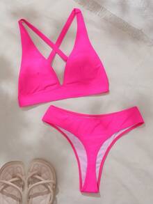 SHEIN Swim Conjunto de bikini de unicolor para playa de verano, festival de música - Rosa Fucsia - Ver 2