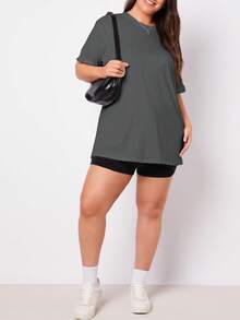 SHEIN BASICS 大码圆领短袖落肩纯色T恤 - 深灰色 - 查看 4