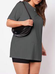 SHEIN BASICS 大码圆领短袖落肩纯色T恤 - 深灰色 - 查看 5