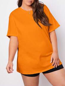 SHEIN BASICS 纯色圆领宽松休闲短袖T恤，适合夏季穿着 - 橘色 - 查看 2