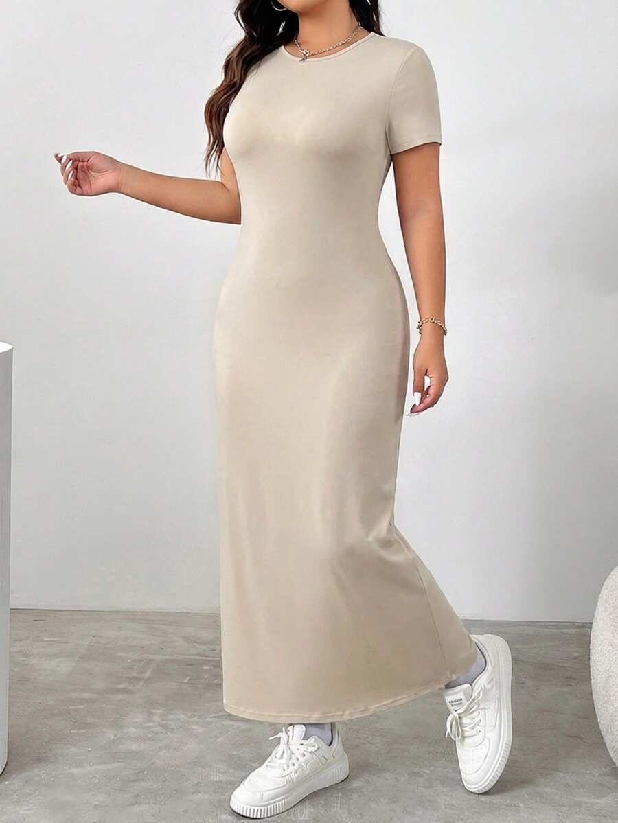SHEIN EZwear 加大码纯色圆领修身夏季短袖连衣裙,卡其色 - 卡其色 - 查看 1