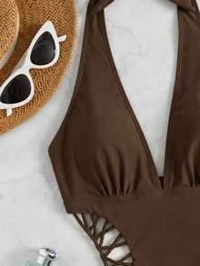 Swim SXY 纯色深V领修身镂空露背连体泳衣 - 咖啡棕 - 查看 5