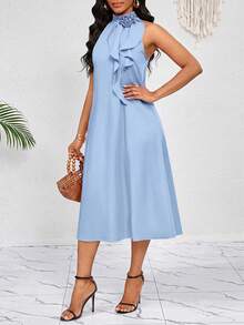 SHEIN Lady Women Elegant Light Blue Flowy Halterneck Long Dress With Ruffled And Floral Detailing Perfect For Summer Occasions - Baby Blue - View 3