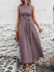 SHEIN Clasi Women Solid Color Crew Neck Sleeveless Waisted Pocketed Casual Dress,Summer Dresses For Women - Purple - View 5