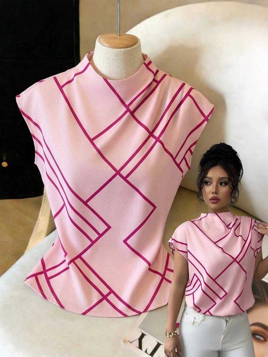 Elenzga Women's Spring/Summer Casual Elegant Mandarin Collar Asymmetric Geometric Digital Print Short Sleeve Blouse Blouse For Women Elegant Classy Pink Gingham Latest Tops For Women New Arrivals Elegant Top For Woman Pink Scarf Top Hot Pink Business Casual Women Tops Geometric Print Top Pink Blouse Women - Pink - View 1