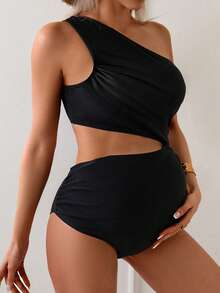 Swim Vcay Solid Color Maternity One-Piece Swimsuit, Sexy Backless Sleeveless For Vacation For Summer - Black - View 3