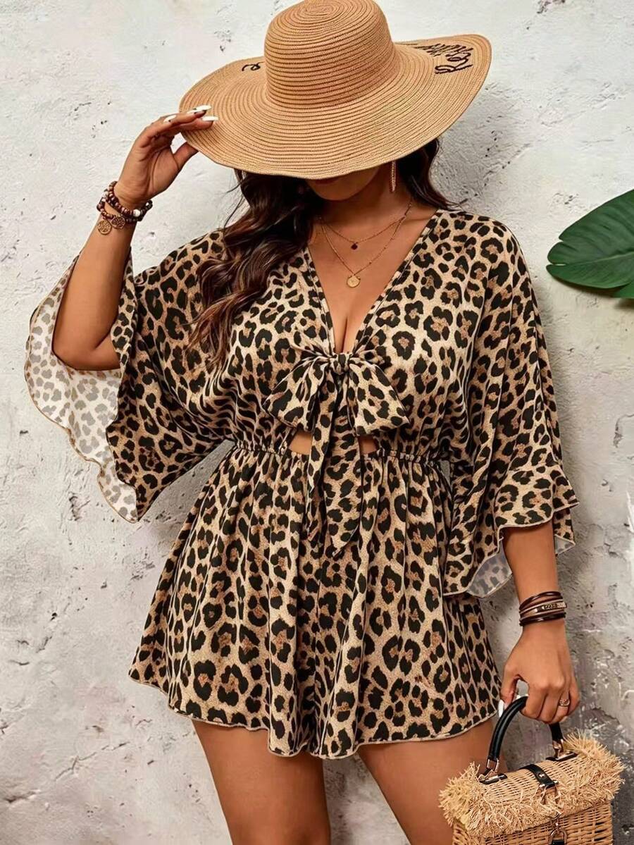 SHEIN VCAY Plus Size Holiday Leopard Print Batwing Sleeve Ruffle Hem Tie Waist Jumpsuit, Mother's Day Gift, Easter Outfit, Women's Vacation Wear, Women's Concert Outfit - Brown - View 1