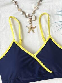 SHEIN 少女拼接黄蓝相间露背比基尼套装，沙滩度假泳装 - 藏蓝色 - 查看 3