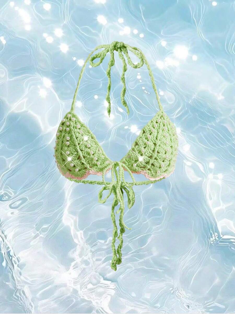 ROMWE Áo len cổ yếm buộc dây phía trước đính ngọc trai giả - màu xanh lá - Xem 1