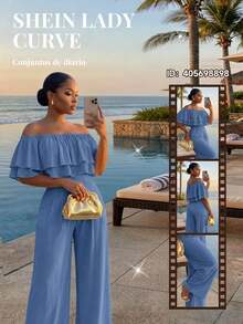 SHEIN Lady CURVE Conjunto de 2 piezas de top hombros descubiertos con volantes y pantalones de pierna ancha de unicolor para tallas grandes de verano - Azul - Ver 6