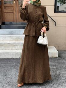 Solavon Women's Casual Solid Color Textured Long Sleeve Top And Skirt 2 Pieces Set,Unlined Sleeves, Autumn Modest Two Piece Linen Sets - Brown - View 5