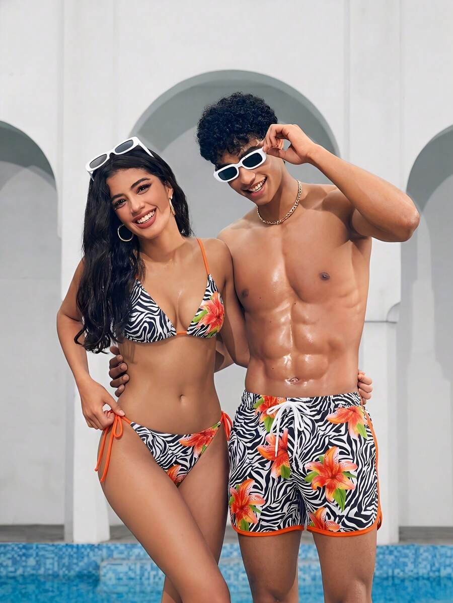 Azuldrift 男士花卉斑马纹抽绳腰休闲沙滩短裤 - 黑與白 - 查看 1