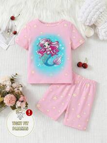 2pcs/Set Girls Toddler Spring/Summer Pink Mermaid & Star Print Glow-In-The-Dark Knit Elastic Soft Round Neck Short Sleeve Top And Shorts Pajama Set - Pink - View 4