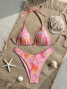 Swim Mod 2pcs/Set Pink,Summer,Boho,Beach Vacation,Holiday,Holiday Zebra Print Halter Bikini Top Golden Shell Decor High Cut Swim Bottoms Swimwear Set - Multicolor - View 2