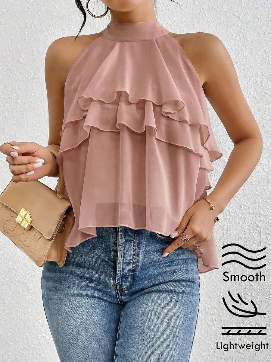 Firerie Loose Neck Ruffle Asymmetrical Chiffon Blouse,Summer Top - Dusty Pink - View 1