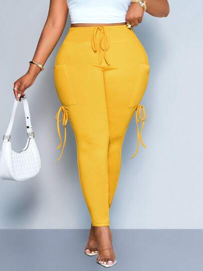 SOLERSUN Quần legging cargo cạp cao màu trơn thời trang dành cho nữ cỡ lớn, ôm sát và tôn dáng, có túi bên hông, quần legging thể thao, túi bên lớn + trang trí dây rút, quần tập yoga nâng hông, cực kỳ bắt mắt cho các chuyến đi chơi mùa xuân và mùa hè, kỳ nghỉ biển, v.v.