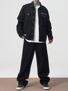 Manfinity Roghcode Conjunto de mezclilla casual estadounidense para hombres con bordado de letra - Negro - Ver 4