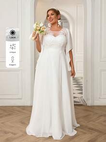 SHEIN Belle Petite Curve 大尺碼白色春季優雅絲綢正式婚紗，小個子版型，奢華手工蕾絲 3D 花卉心形領荷葉袖極簡長禮服 - 白色 - 查看 8