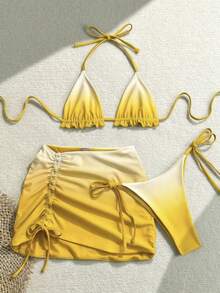 Soleia Bộ bikini 3 món màu đỏ nhuộm tie-dye dành cho nữ, đồ bơi nữ, đồ bơi đi nghỉ mát cho nữ, trang phục đi biển gợi cảm cho nữ, phù hợp cho lễ Phục sinh, kỳ nghỉ, phong cách Boho, miền Tây, lễ hội âm nhạc, đồng quê, bãi biển, hiệu ứng chuyển màu, bộ đồ bơi gợi cảm cho kỳ nghỉ hè. - Màu vàng - Xem 5