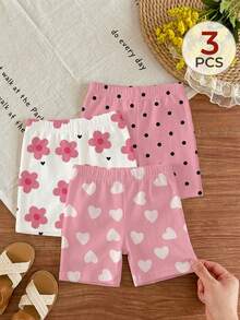 SHEIN Bộ 3 món cho bé gái 6 tháng - 2-3 tuổi, ngọt ngào và tươi tắn / Đa năng với họa tiết trái tim, chấm bi, hoa lá, quần short co giãn ôm sát, phù hợp mặc hàng ngày, đi học, ngày thiếu nhi, mùa xuân/hè/thu. - Nhiều màu - Xem 2