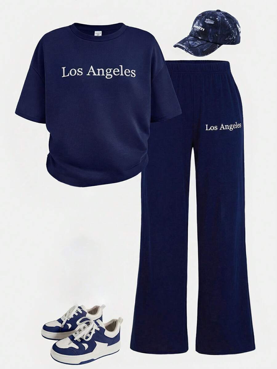 SHEIN 2件套少女休闲字母印花宽松阔腿裤套装 - 藏蓝色 - 查看 1