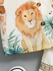 SHEIN 2件組 4-7歲小男孩動物印花獅子、斑馬、長頸鹿圖案襯衫短褲套裝，夏季配套家庭度假度假可愛動物園狩獵風套裝 - 米色 - 查看 3