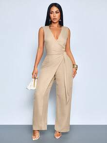 SOLERSUN 女士休闲优雅轻盈透气无袖V领裹身系带阔腿连体裤，混纺一体式服装，优雅高腰连体裤，适合夏季度假或办公室日常穿着。 - 卡其色 - 查看 8