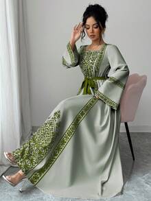 Yasmyna Women's Elegant Square Collar Flare Sleeve Cinched Waist Vintage Dress - Multicolor - View 3