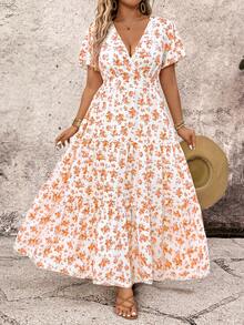 Breezaya 女士浪漫优雅荷叶袖V领印花连衣裙 - 黃色 - 查看 6