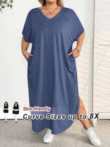 SHEIN CURVE+ 大码女装春夏新款时尚通勤休闲口袋设计分体睡袍 - 霧霾藍 - 查看 1