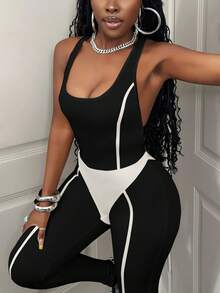 BamGleam Black And White Striped Patchwork Jumpsuit,Summer Cow Boy Workout Casual Color Block Halter Neck Nude Pink Slim Fit Tight Stretchy Bodycon Pants - Black and White - View 5