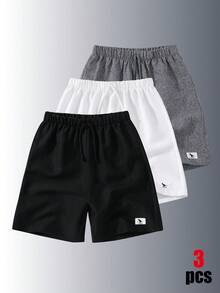 SHEIN 3件套男童休闲纯色抽绳腰短裤，恐龙图案T恤三件套 - 彩色 - 查看 4
