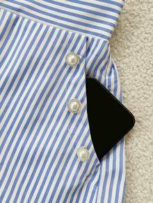 Airaco Short large à taille haute avec poches, à rayures verticales bleues et blanches, avec décoration de fausses perles pour femmes - Bleu azur - Voir 3