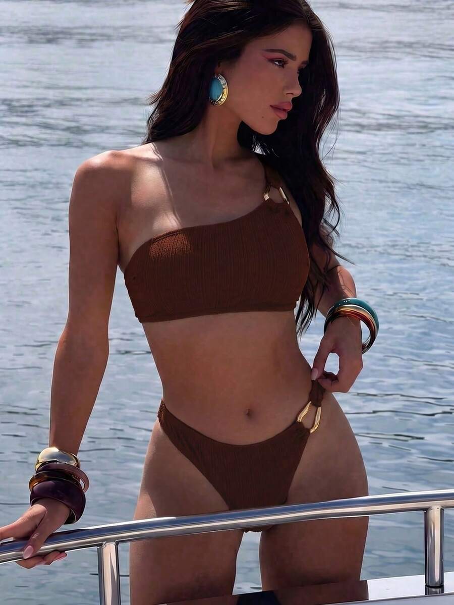 Swim Vcay Women's Summer Beach Solid Color Sexy Halter Bikini Swimwear Set Brown Bathing Suit Women 2 Piece Set Brown Bikini Sets Brown Two Piece Swim Suit Ribbed Bikini - Burgundy - View 1
