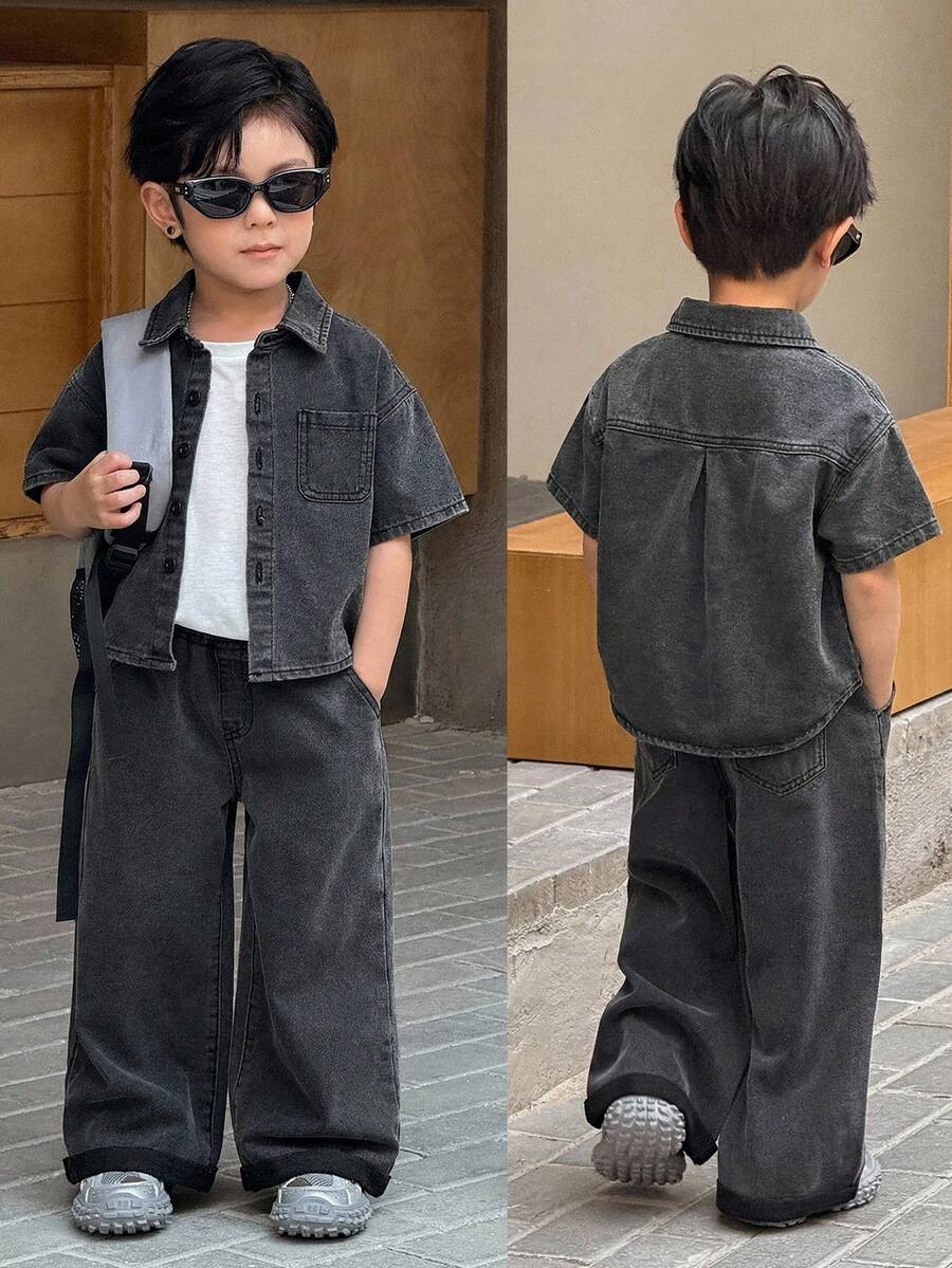 2pcs/Set Young BoyDark Gray Denim Loose Shirt And Wide Leg Pants - Dark Grey - View 1