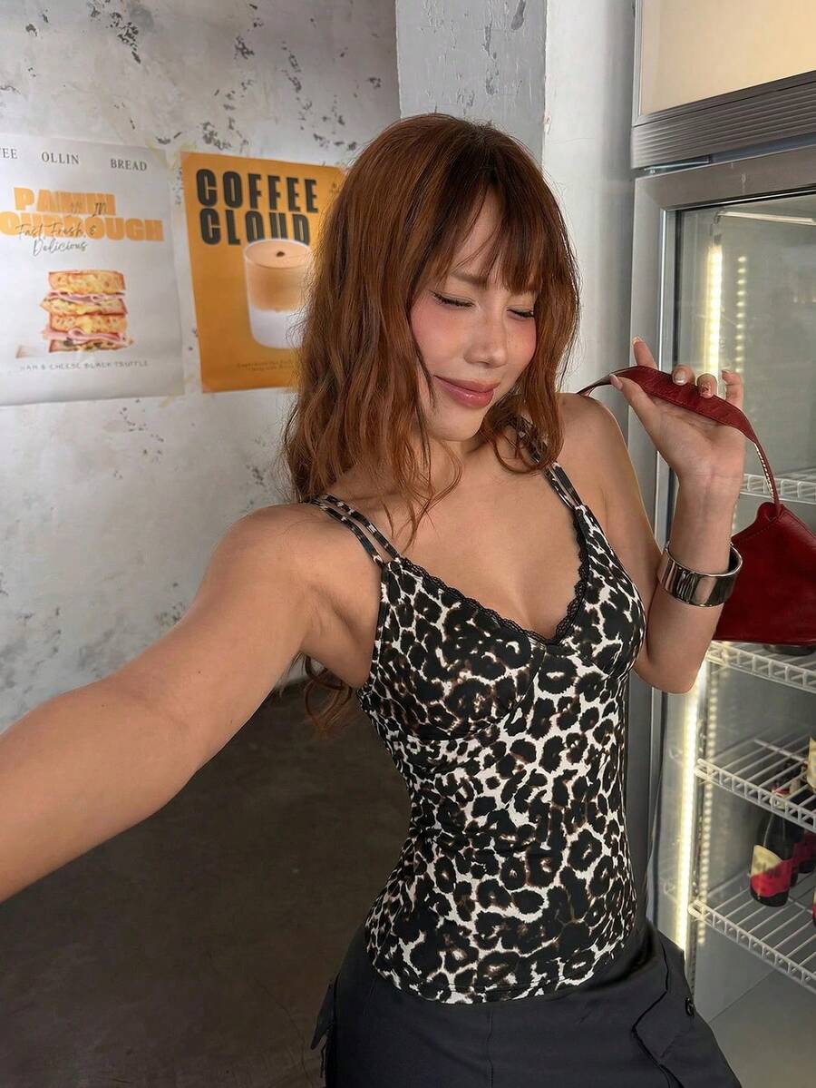 Rina Fox 女士豹纹蕾丝边性感百搭约会之夜吊带背心 - 彩色 - 查看 1