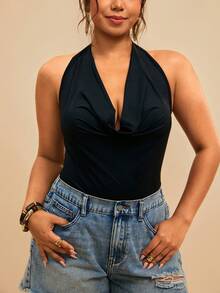 Travachic Plus Size Summer/Beach; Draped Front Backless Halter Bodysuit | Vacation Resort - Black - View 5