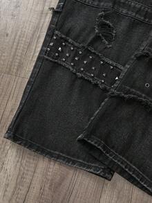Manfinity Joysei Men's Vintage Fashionable Versatile Rivet Frayed Distressed Wide Leg Loose Casual Daily Denim Jeans - Black - View 5