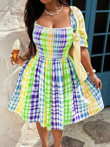 Sunnyshic Vestido midi elegante y casual de línea A con mangas cortas y estampado de cuadros degradados para mujeres de talla grande - Multicolor - Ver 6