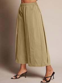 Pantalón culotte de oficina con detalle de panel de cintura elástica - Caqui - Ver 4
