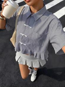 Muchica Women's Striped Ruched Casual Versatile Daily Wear T-Shirt - Black - View 5