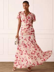 Lilora 女款優雅花卉腮紅粉色夏季荷葉袖長禮服晚禮服，正式晚裝，女士夏季婚禮賓客穿搭 - 彩色 - 查看 3