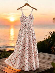 SHEIN Franclia Vestido sin mangas con volantes y estampado floral diminuto, estilo vacacional - Blanco - Ver 8